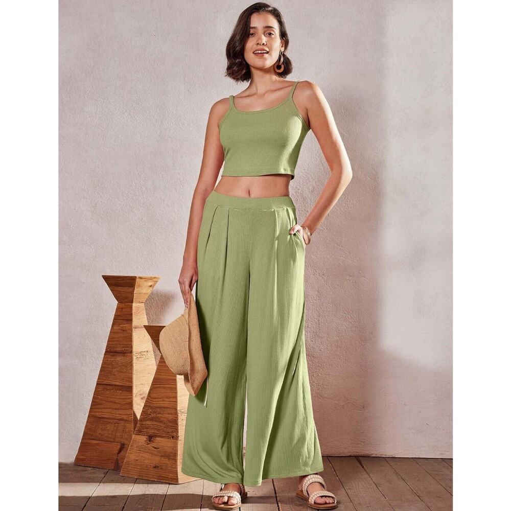 Green Linen Blend Two-Piece Set Crop Tank & Wide-Leg Pants Sz Small